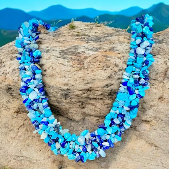 Turquoise Quartz & Lapis Lazuli Chip Necklace Sterling Silver - Picture 2 of 7